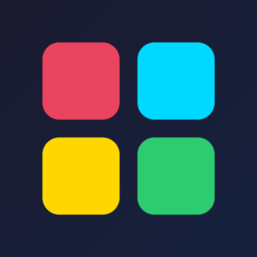 Color Fill Puzzle app icon: four rounded squares in red, cyan, yellow and green on a dark navy background