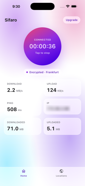 Sifaro VPN connected to a server in Frankfurt, showing a session timer, download and upload speed, ping and the session data totals