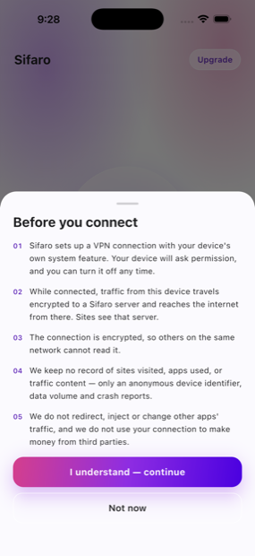 The 'Before you connect' sheet listing in five numbered points what the VPN does with traffic and what is and is not recorded