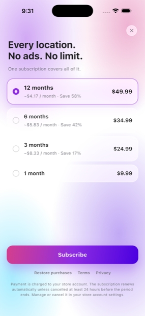 The subscription screen offering one, three, six and twelve month plans with the yearly plan selected