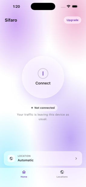 The Sifaro home screen before connecting, with a large connect button and the current location