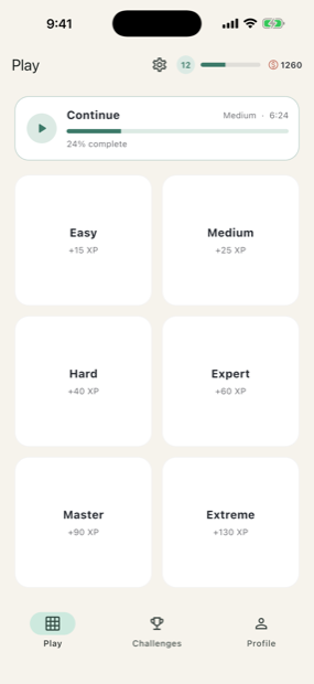 The home screen listing the six difficulty levels from Easy to Extreme, each with the player's best time