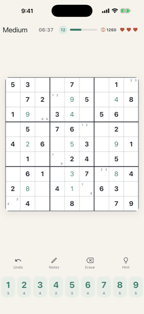 A medium-difficulty puzzle in progress on the paper theme, with pencil notes in the corners of several cells and the number pad showing how many of each digit remain