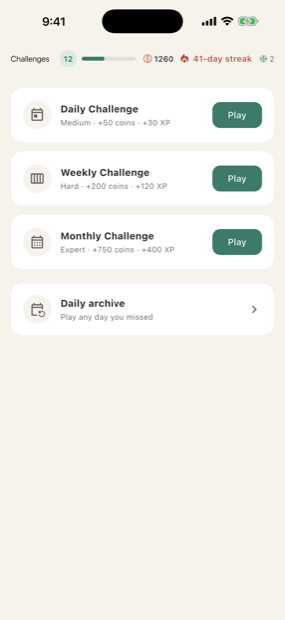 The challenges screen with separate daily, weekly and monthly puzzles and their completion state