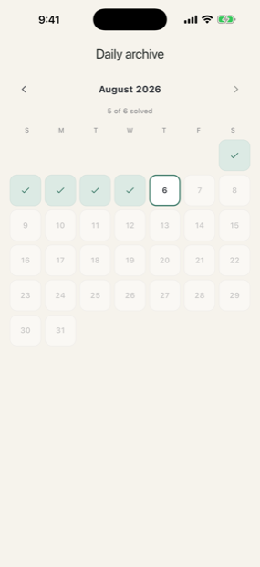 A month calendar of past daily challenges, with completed days marked so missed puzzles can still be played