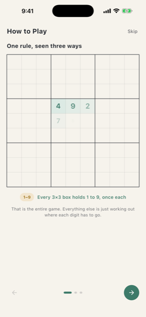 The interactive how-to-play screen explaining that every three by three box holds the digits one to nine exactly once