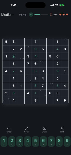 The same puzzle board rendered in the dark theme